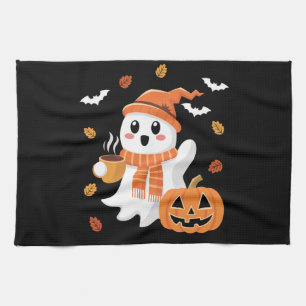 Söt spöke dricker iskaffe Halloween Kökshandduk