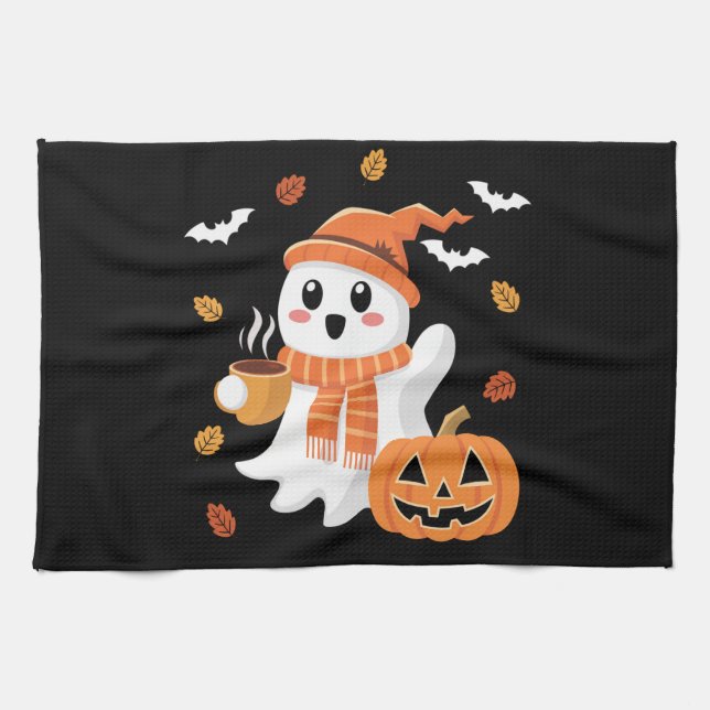 Söt spöke dricker iskaffe Halloween  Kökshandduk (Horisontell)