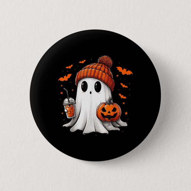Söt spöke dricker iskaffe Halloween-pumpa Knapp (Framsida)
