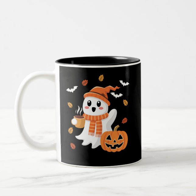 Söt spöke dricker iskaffe Halloween  Två-Tonad Mugg (Vänster)