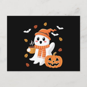 Söt spöke dricker iskaffe Halloween Vykort