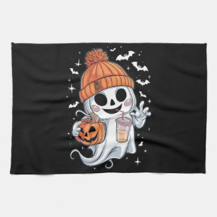 Söt spöke dricker kaffe Halloween Iced Coffee Kökshandduk