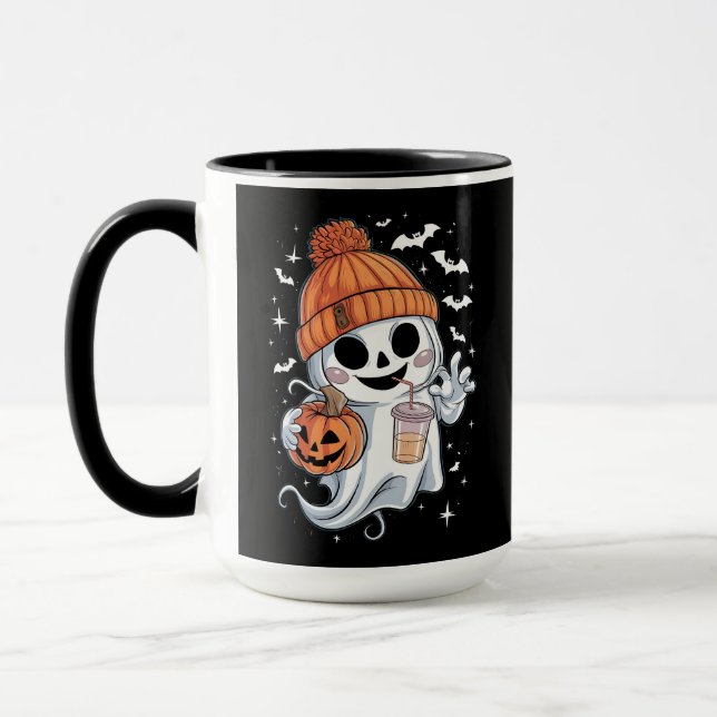 Söt spöke dricker kaffe Halloween Iced Coffee Mugg (Vänster)