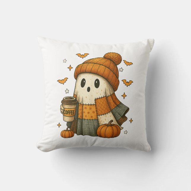 Söt spöke dricker kaffe Halloween  Kudde (Framsida)