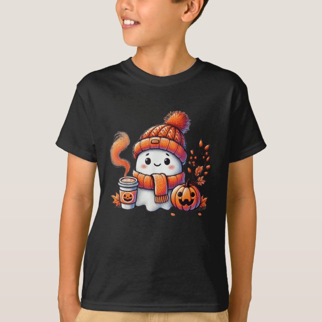 Söt spöke dricker kaffe Halloween spöke iskaffe T Shirt (Framsida)
