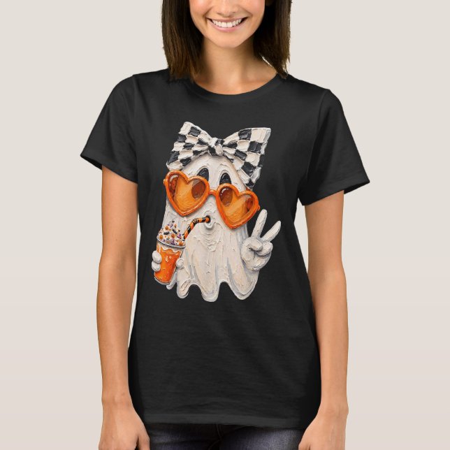 Söt spöke dricker pumpakaffe meme halloween t shirt (Framsida)