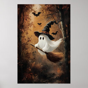 Söt spöke flygande på en häxbroom i hösten poster