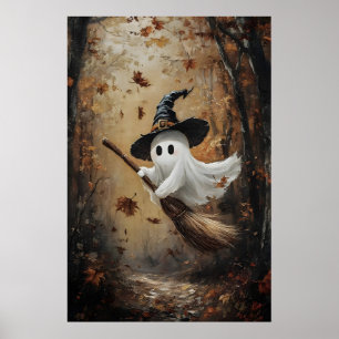 Söt spöke flygande på en häxkvast på hösten poster