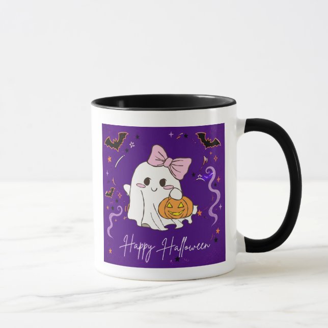 söt spöke Glad Halloween lila akvarell Mugg (Höger)