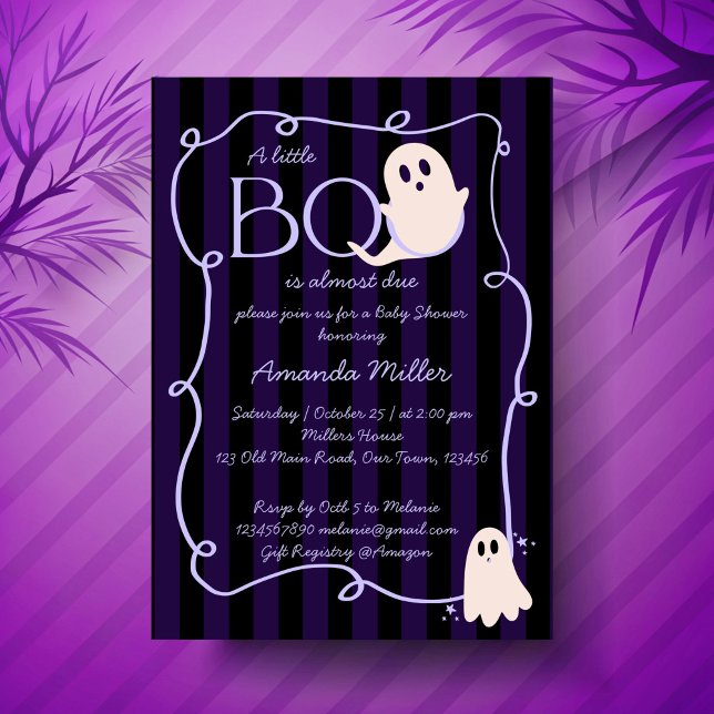Söt spöke Halloween-babydusch Inbjudningar (Little boo cute ghost retro black stripes Halloween baby shower Invitation cards template)