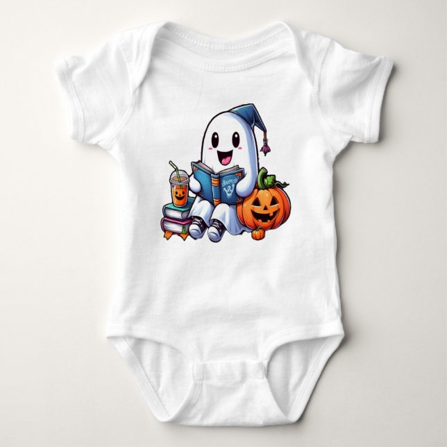 Söt spöke läser en bok halloween älskare t shirt (Framsida)