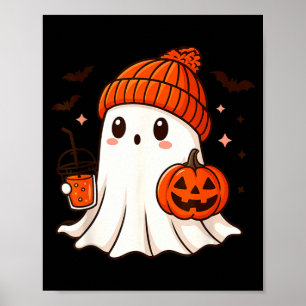 Söt spöke med mössa som håller pumpakaffe poster