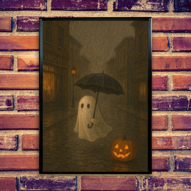 Söt spöke med paraply | Halloween Mörk Akademia Poster (Cute ghost in the rain, spooky halloween scene, umbrella, dark academis design, jack o lantern.)