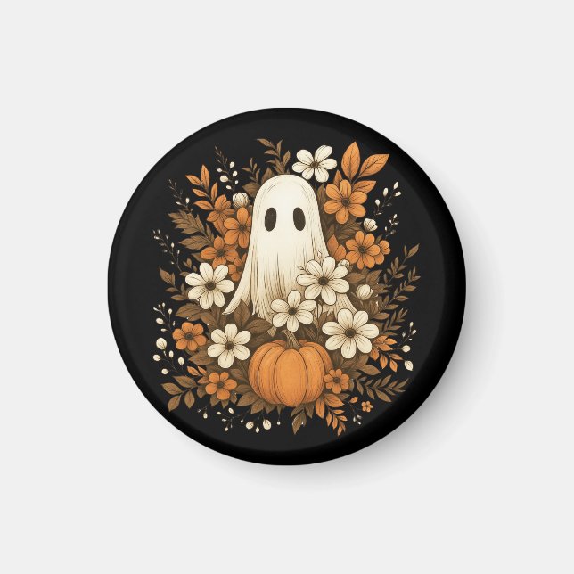 Söt spöke med pumpa och höstblommor – Halloween Magnet (Framsidan)
