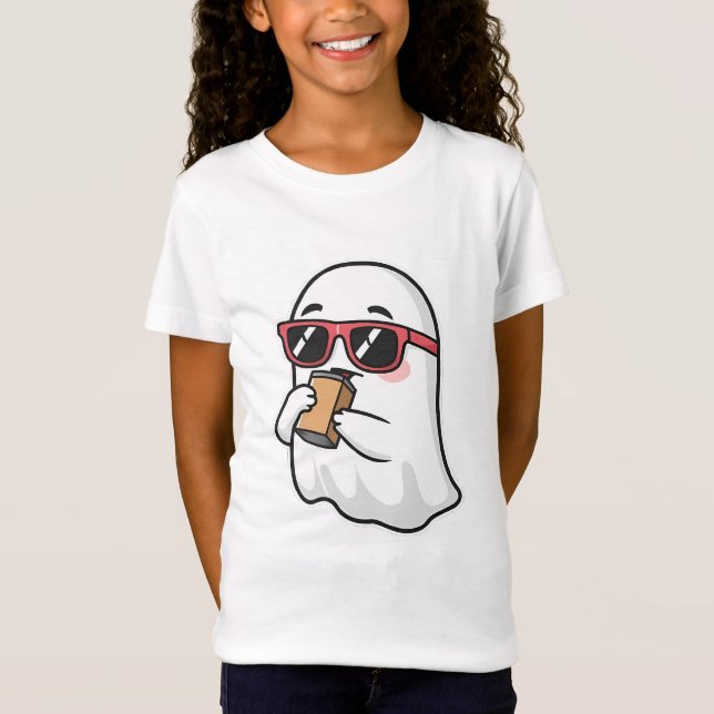 Söt spöke med solglasögon som dricker iskaffe Ki T Shirt (Framsida)