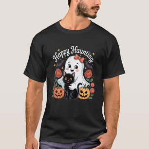 Söt spöke med svart katt pumpa höst spöklik Hallow T Shirt