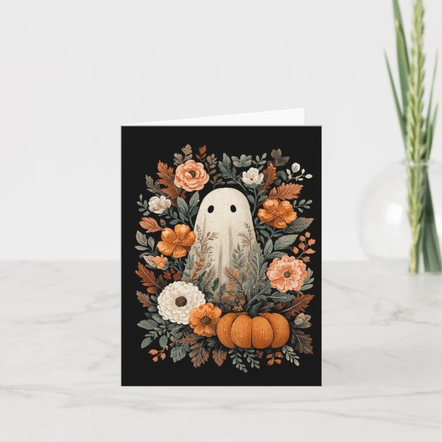 Söt spöke och höstpumpa Blommig spöklik Hallowee Kort (Framsida)