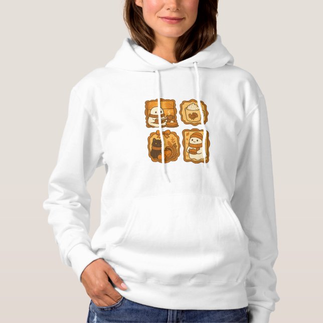 Söt spöke och katt under hösten | Mysig höst T Shirt (Framsida)