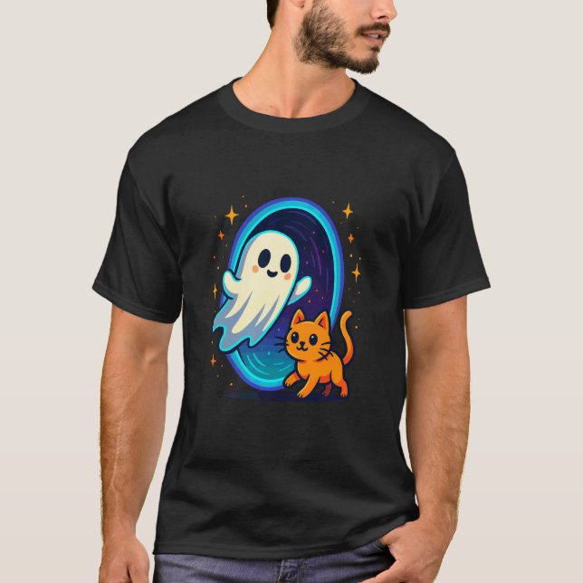 Söt spöke och katt vid grind t shirt (Framsida)