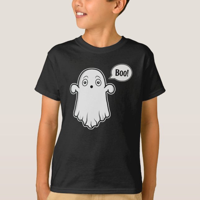 Söt spöke och pratbubbla som säger Boo Halloween T Shirt (Framsida)