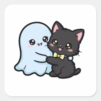 Söt spöke och svart katt Halloween Kawaii Fyrkantigt Klistermärke