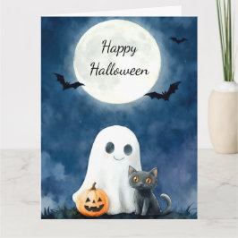 Söt spöke och svart katt Halloween Kort