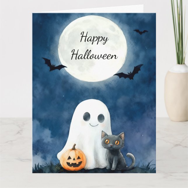 Söt spöke och svart katt Halloween Kort (Framsida)