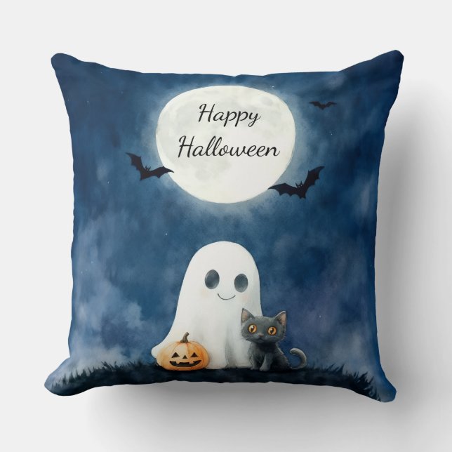 Söt spöke och svart katt Halloween Kudde (Framsida)