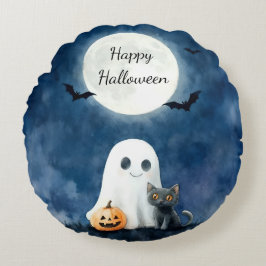 Söt spöke och svart katt Halloween Rund Kudde