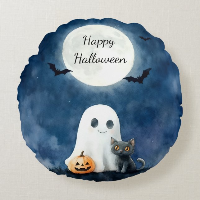 Söt spöke och svart katt Halloween Rund Kudde (Framsidan)