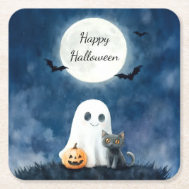 Söt spöke och svart katt Halloween Underlägg Papper Kvadrat