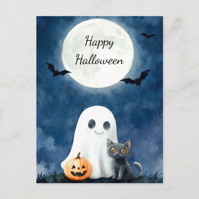 Söt spöke och svart katt Halloween Vykort (Framsida)