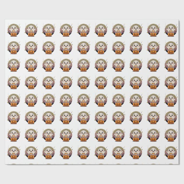 Söt spöke som håller pumpa godis hink Retro Hallow Presentpapper (Platt)