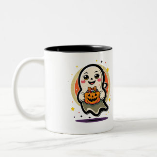 Söt spöke som håller pumpagodis hink Retro Hallowe Två-Tonad Mugg