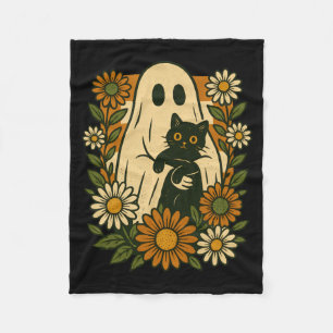 Söt spöke som håller svart katt groovy blommig rol fleecefilt