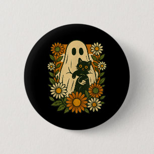 Söt spöke som håller svart katt groovy blommig rol knapp