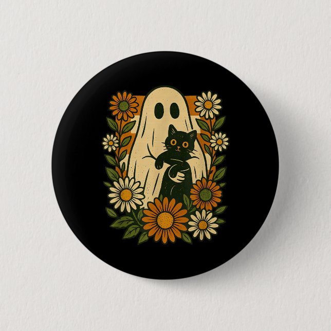Söt spöke som håller svart katt groovy blommig rol knapp (Framsida)