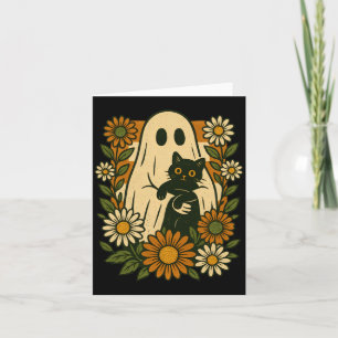 Söt spöke som håller svart katt groovy blommig rol kort