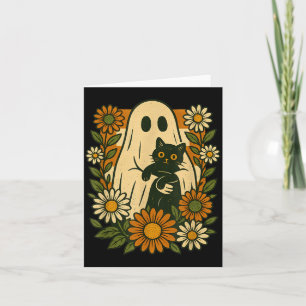 Söt spöke som håller svart katt groovy blommig rol kort