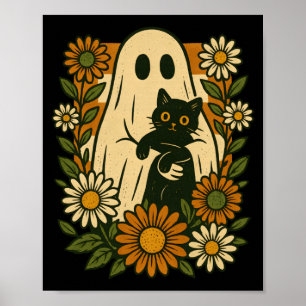 Söt spöke som håller svart katt groovy blommig rol poster