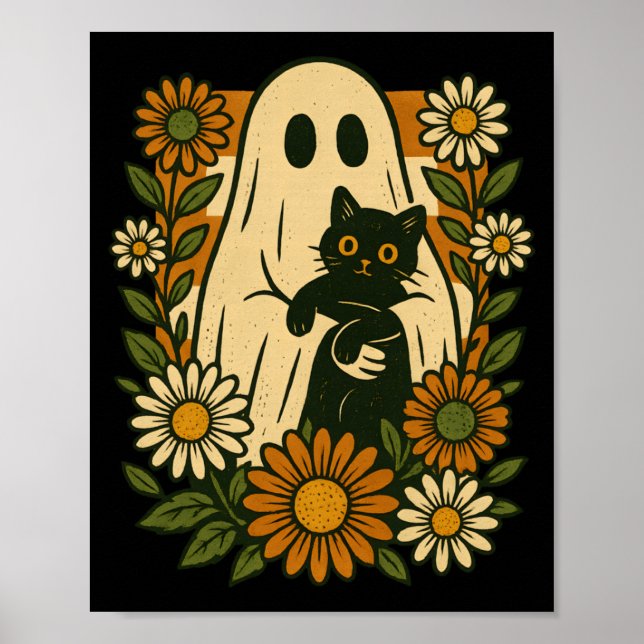 Söt spöke som håller svart katt groovy blommig rol poster (Framsidan)