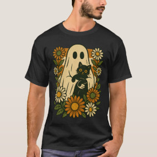 Söt spöke som håller svart katt groovy blommig rol t shirt