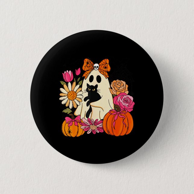 Söt spöke som håller svart katt pumpa blommor knapp (Framsida)