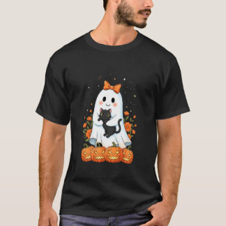 Söt spöke som håller svarta katten pumpa höst hall t shirt