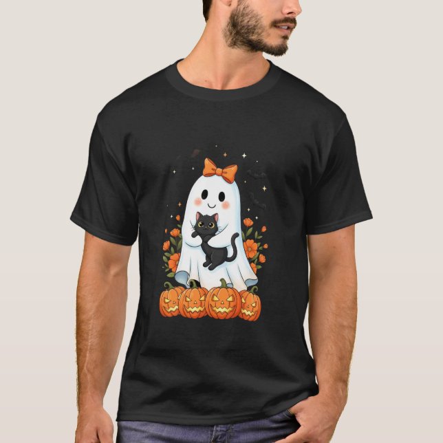 Söt spöke som håller svarta katten pumpa höst hall t shirt (Framsida)