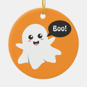 Söt spöke som säger Buu, Glad Halloween Julgransprydnad Keramik