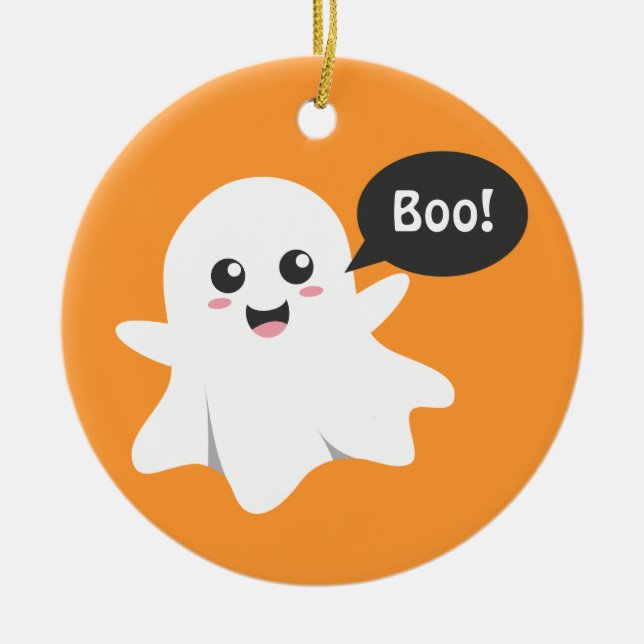 Söt spöke som säger Buu, Glad Halloween Julgransprydnad Keramik (Framsidan)
