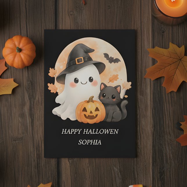 Söt spöke & svart katt Glad Halloween-kort Inbjudningar (Skapare uppladdad)