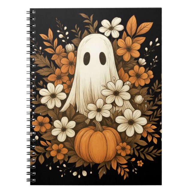 Söt spökfigur med pumpa och höstblommor – Hallowee Anteckningsbok (Framsidan)