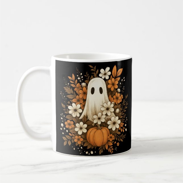 Söt spökfigur med pumpa och höstblommor – Hallowee Kaffemugg (Vänster)